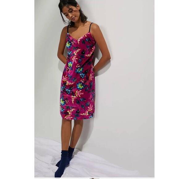 New Anthropologie Shania Floral Velvet Slip Mini Dress LOUNGE $138 XS Violet - Picture 1 of 3